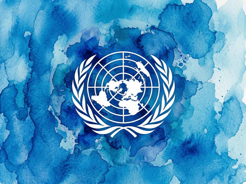 United Nations emblem with world map and olive branches on blue watercolor background
